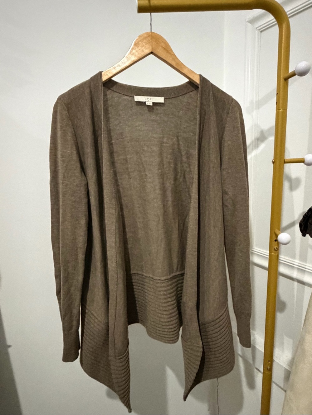 LOFT Brown Open-Front Ribbed-Hem Cardigan